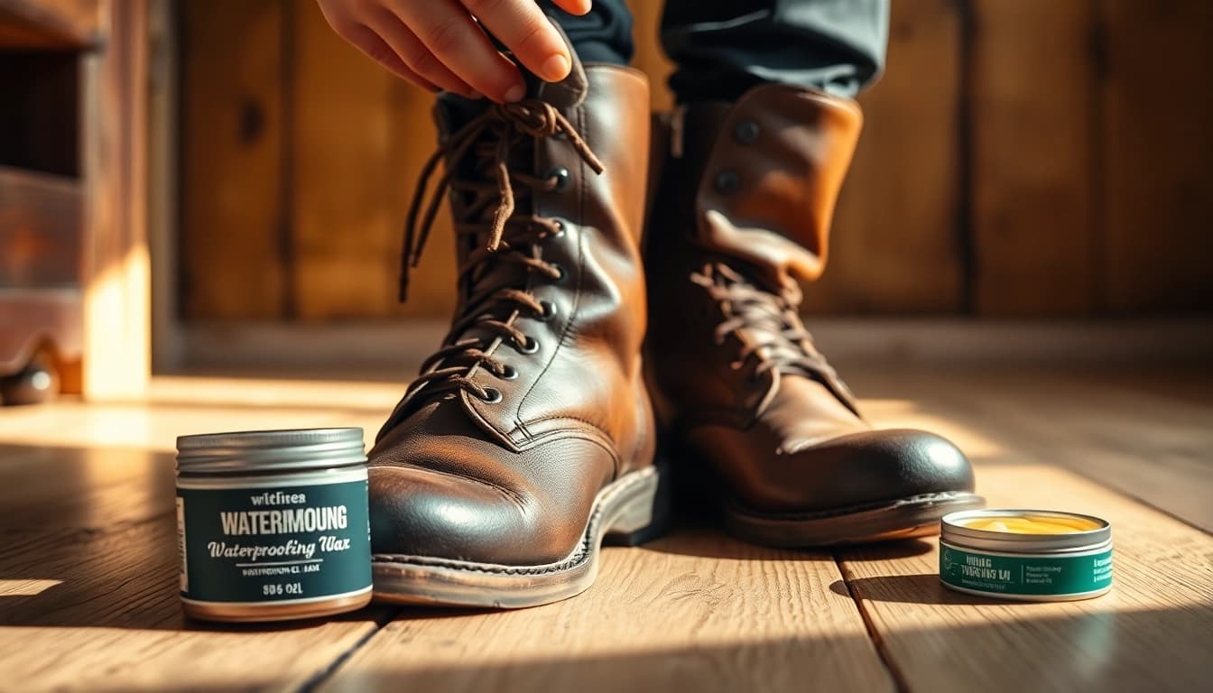 Learn how to waterproof leather boots for winter with a close-up view of treated boots and wax.