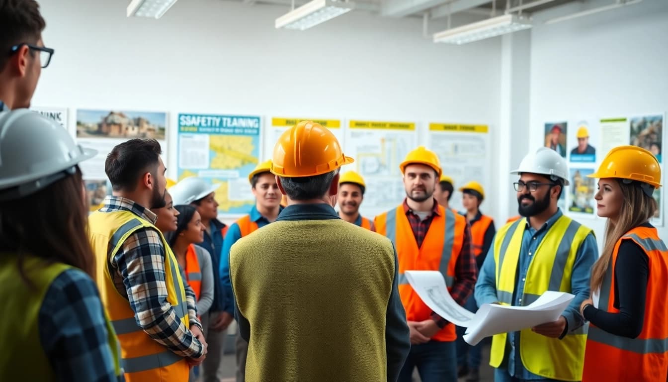 Participants engaged in construction safety training with an instructor demonstrating essential equipment.