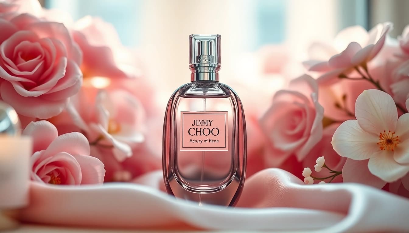 Admire the exquisite Jimmy Choo perfume bottle surrounded by delicate floral decor.