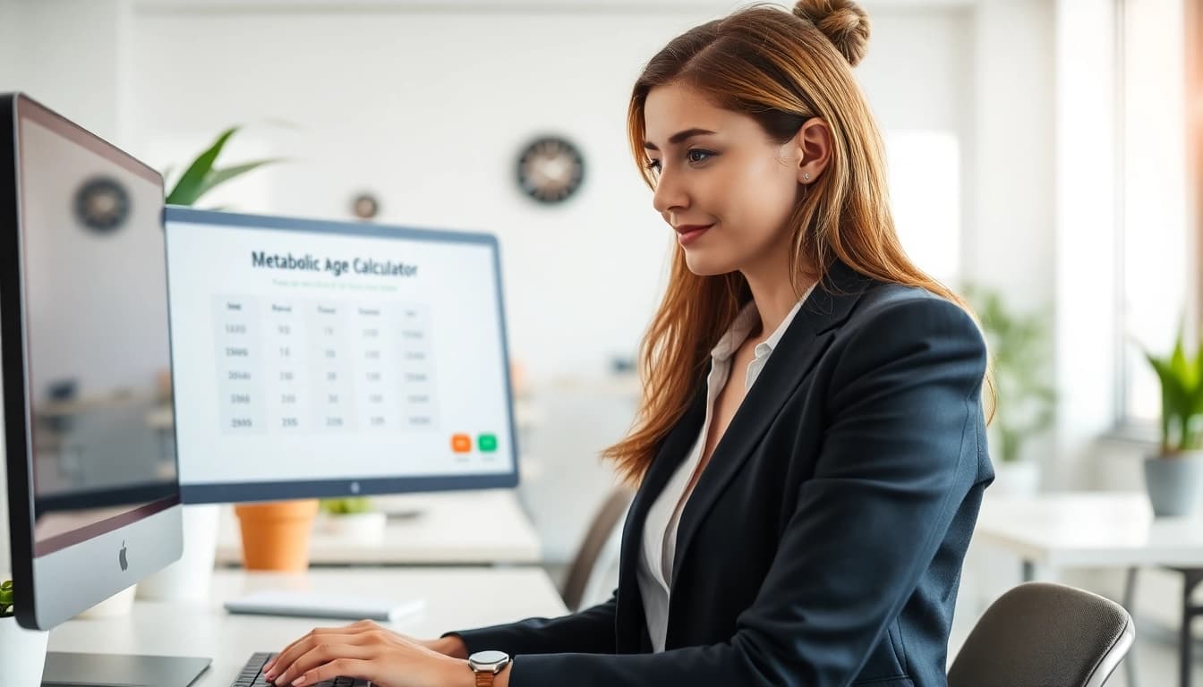 Calculate your metabolic age using a modern desktop calculator in a bright office.