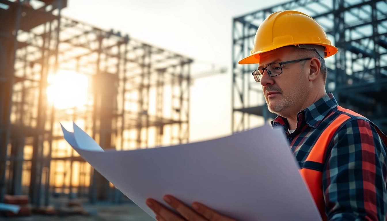 Commercial building developer reviewing blueprints at a construction site at dawn.