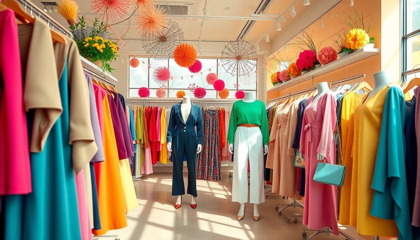 Explore stylish outfits in this colorful clothing store with vibrant designs.