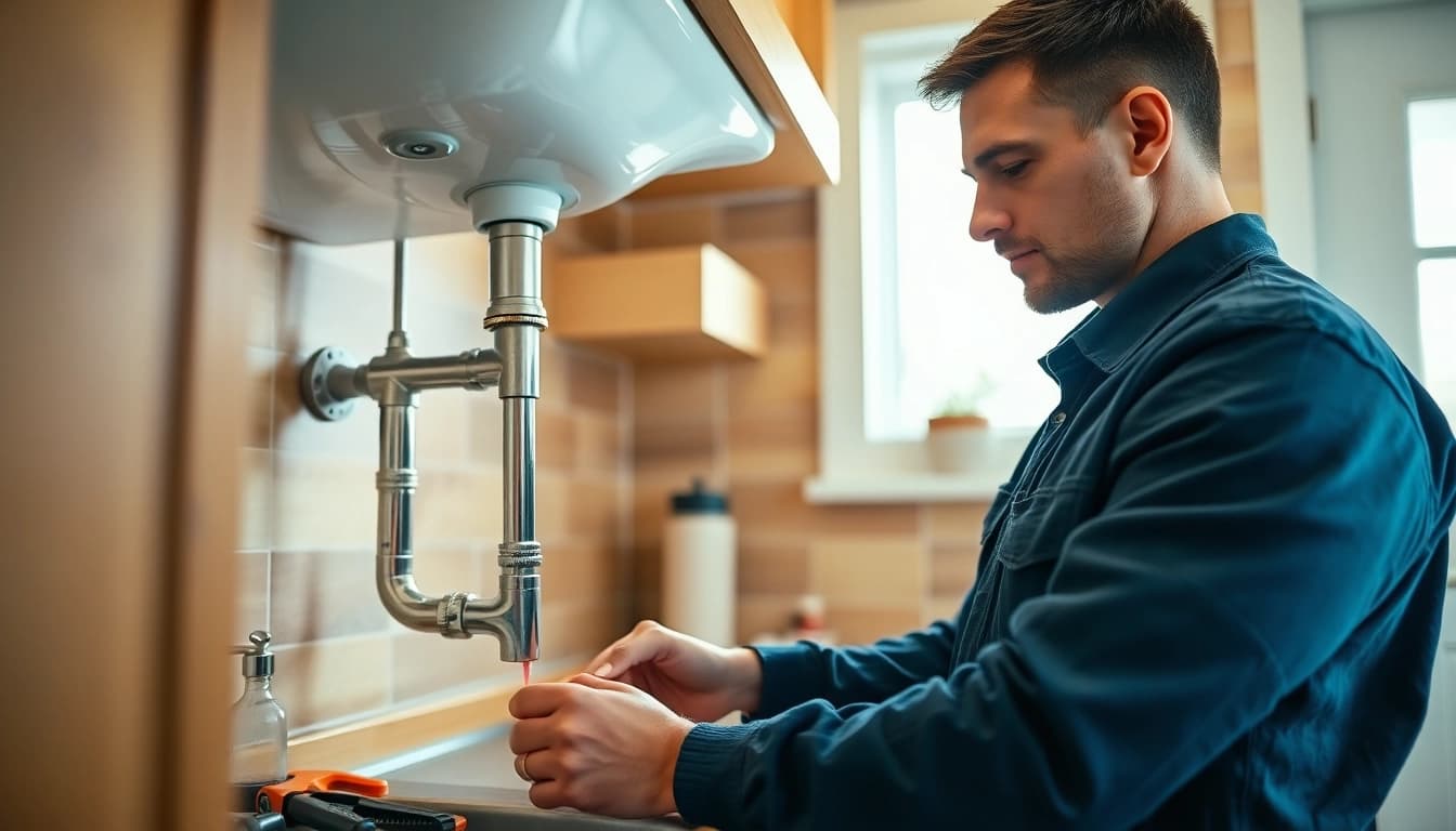 Skilled plumber knightdale fixing a leak under a kitchen sink with tools in hand.