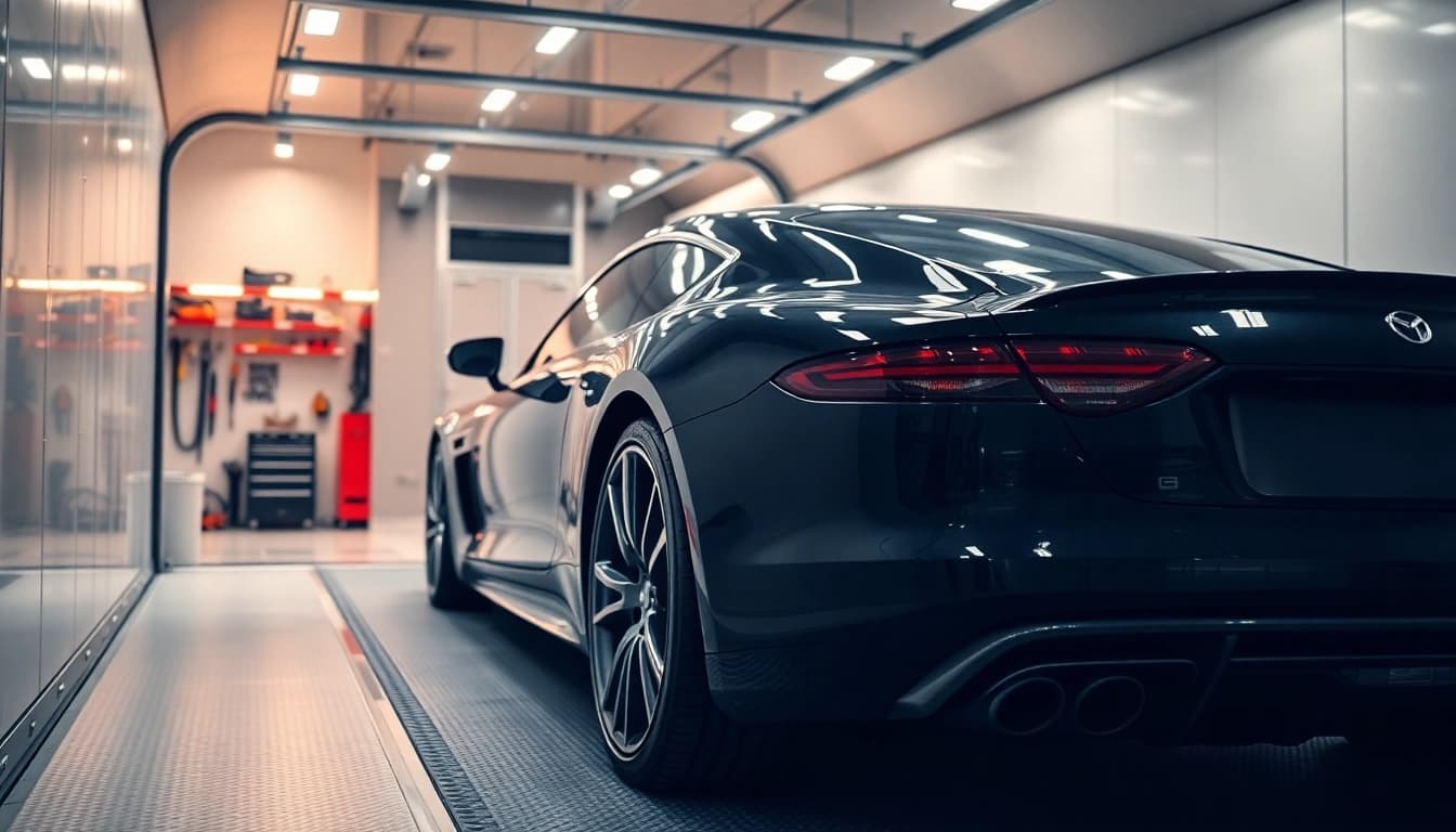 Trust https://luxuryautocarriers.com for safe loading of luxury vehicles into an enclosed trailer.