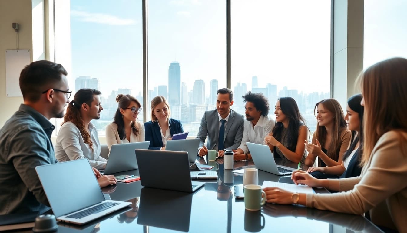 Engaged professionals collaborating in a business setting, emphasizing teamwork and innovation.