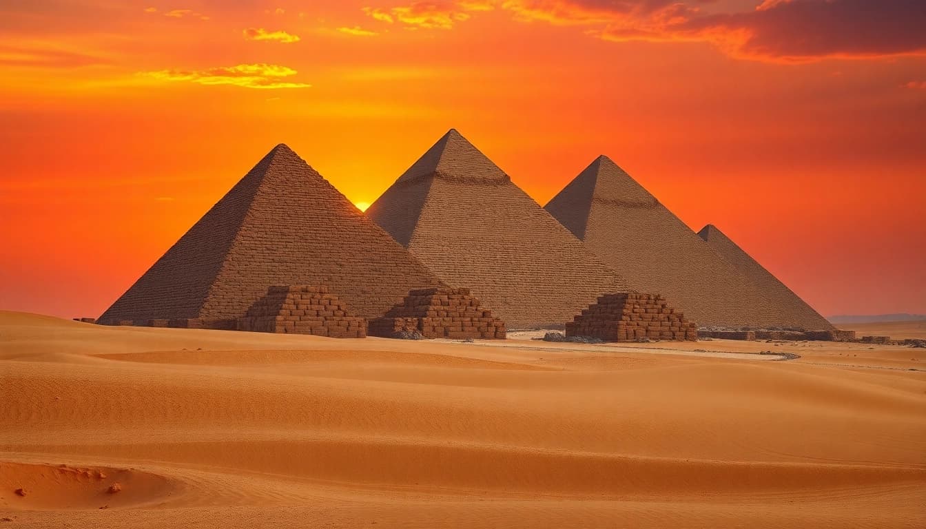 Capture the Giza Pyramids highlighted under sunset at https://piraminds.com/ with dramatic colors.