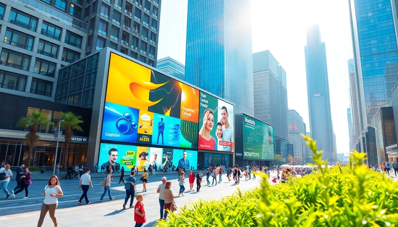 Engaging digital advertising boards showcasing vibrant ads in a lively urban plaza.