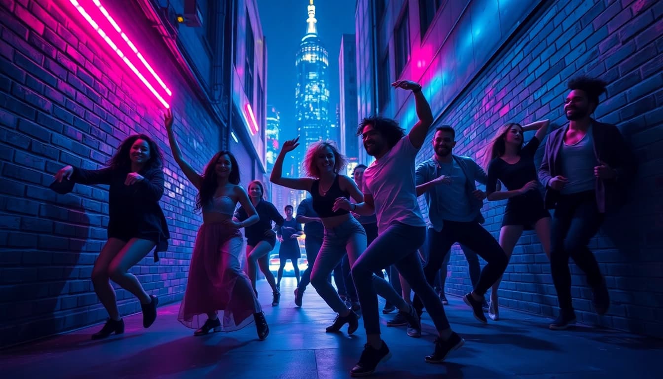 Experience the excitement of a Thriller dance performance set against a vibrant urban backdrop.