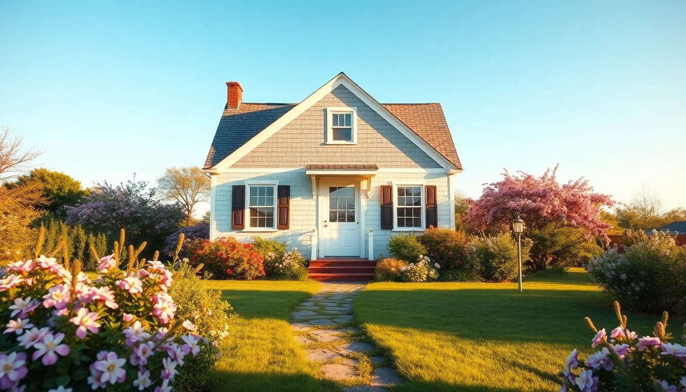 Welcoming cape cod home with beautiful garden and warm lighting.