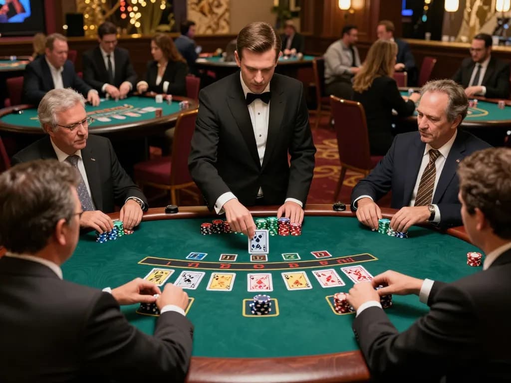 Players strategizing at a blackjack table while enjoying the comforts of a luxury casino, emphasizing giường bệnh nhân aesthetic