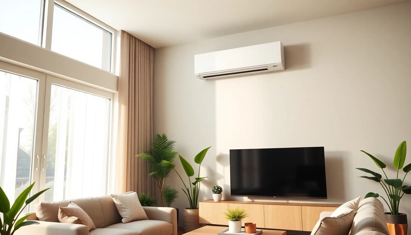 Install mini split ac in a stylish modern living room with natural light and greenery.