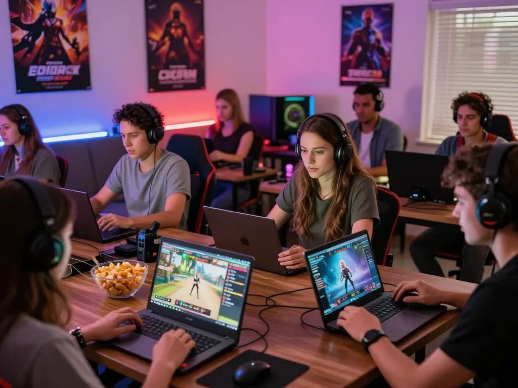 Engaging adults playing a variety of porn games online, showcasing excitement and fun in a vibrant gaming room.