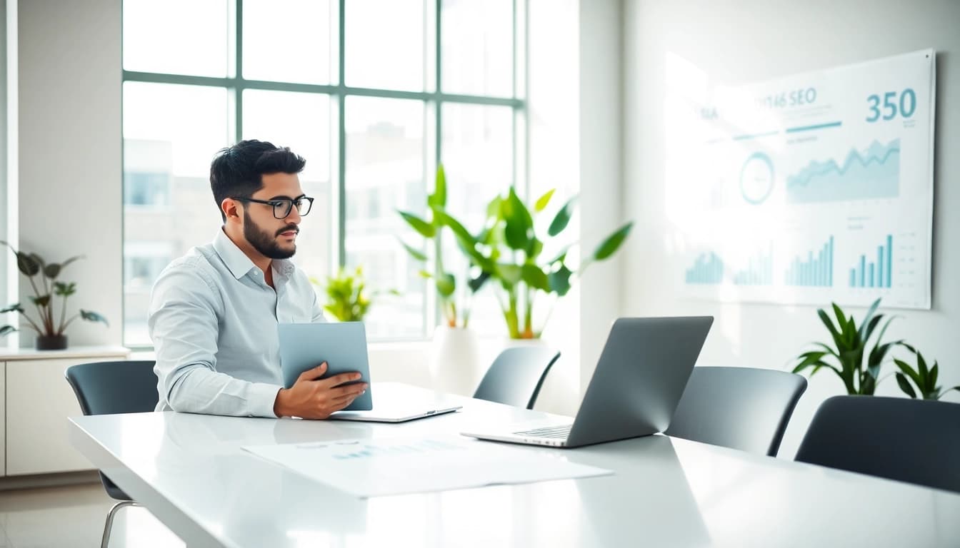 Analyze SEO Rank Tracker performance metrics in a modern office setting.