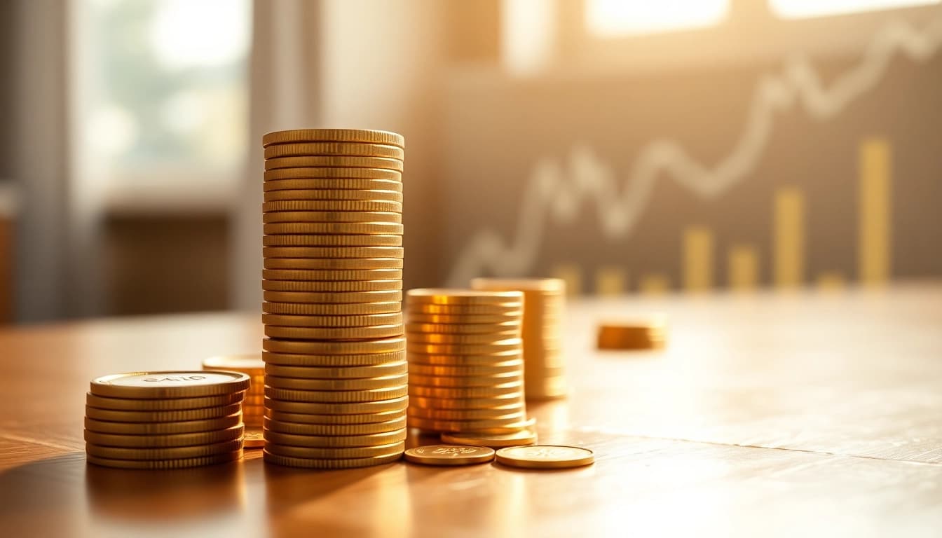 Calculate gold investment potential with gleaming gold coins on a wooden table.