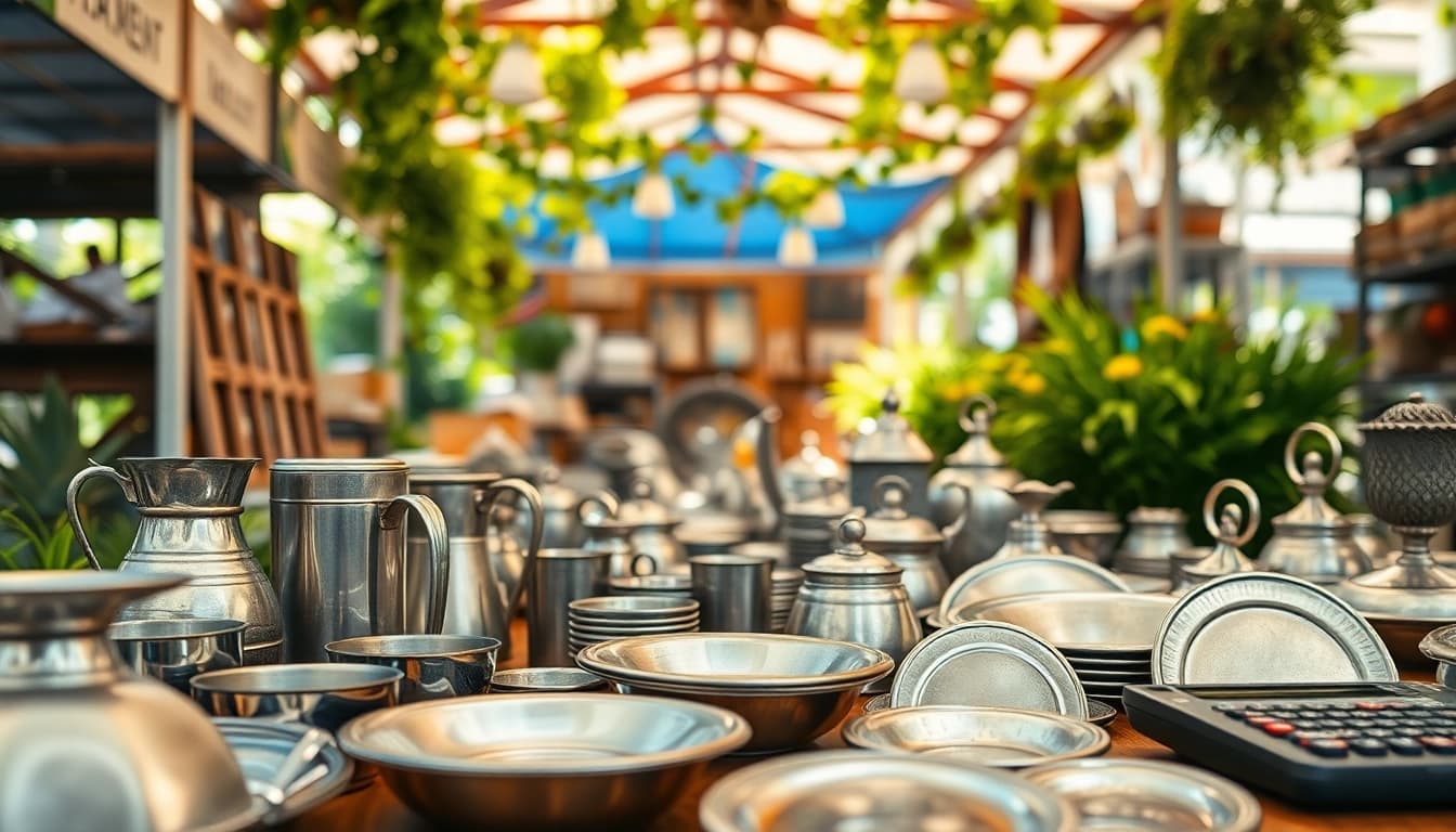 Zinn verkaufen in einem Markt mit verschiedenen Zinnartikeln und einladendem Ambiente.