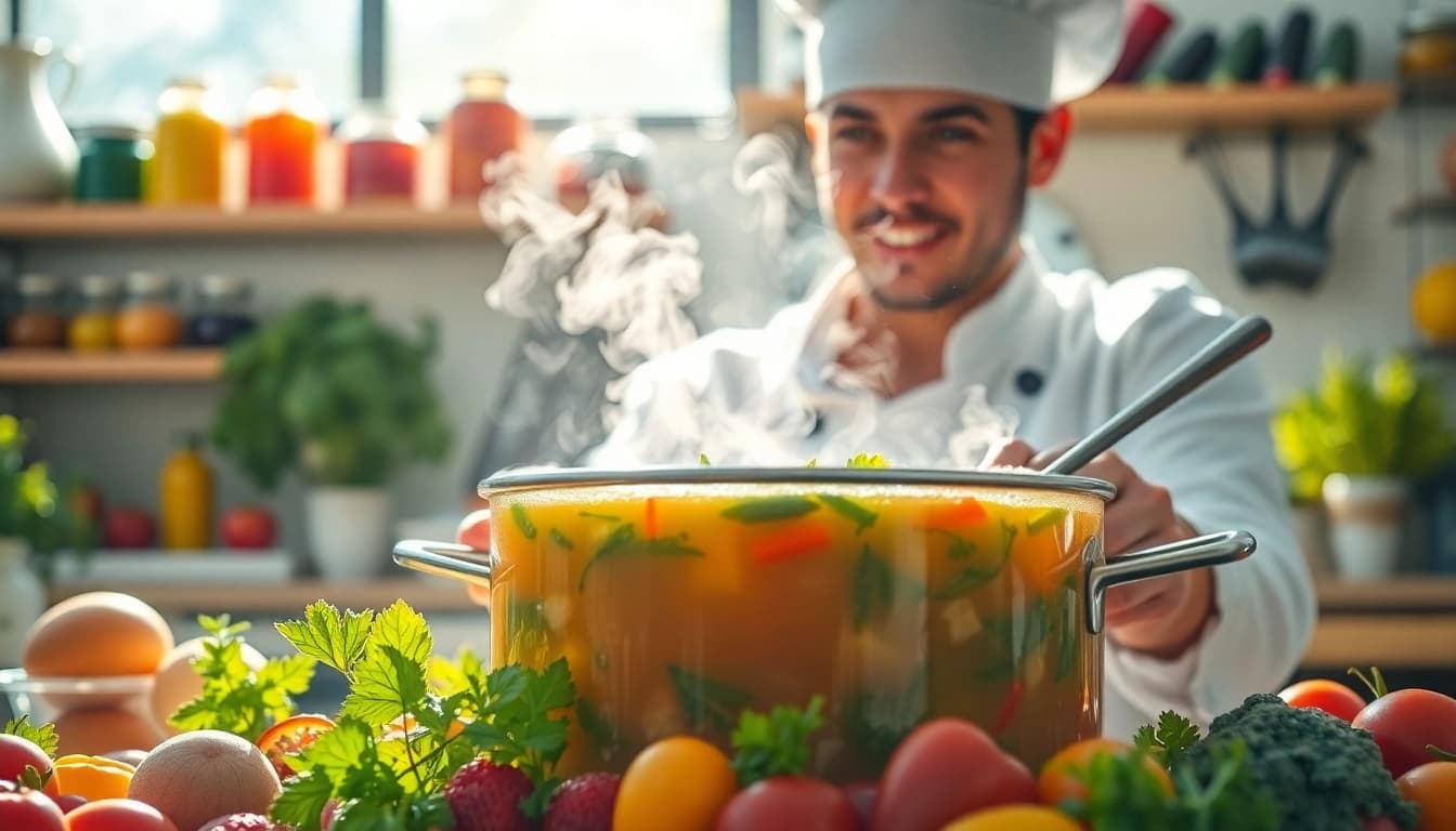 Chef creating delicious Word Soup with fresh vegetables and herbs in a vibrant kitchen.
