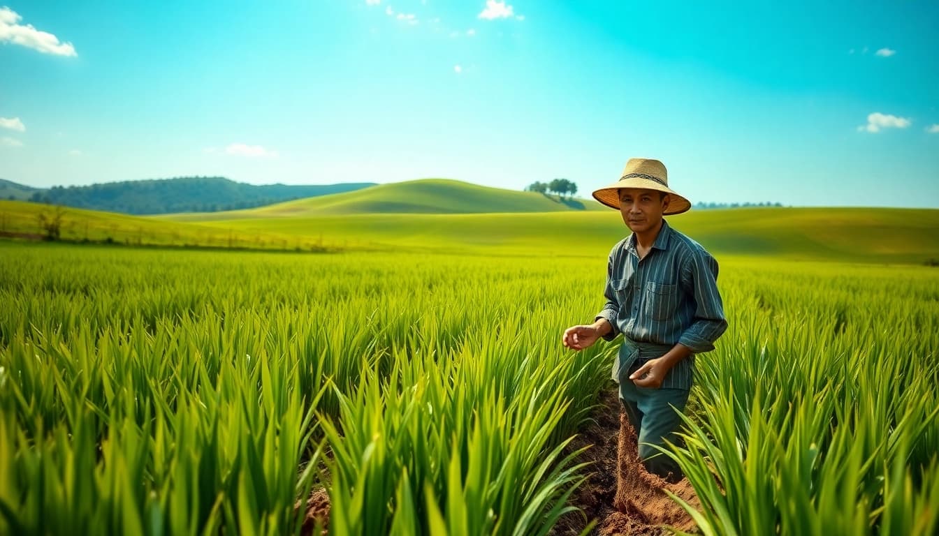 Petani toto merawat tanaman padi di ladang hijau yang subur, menciptakan suasana damai.