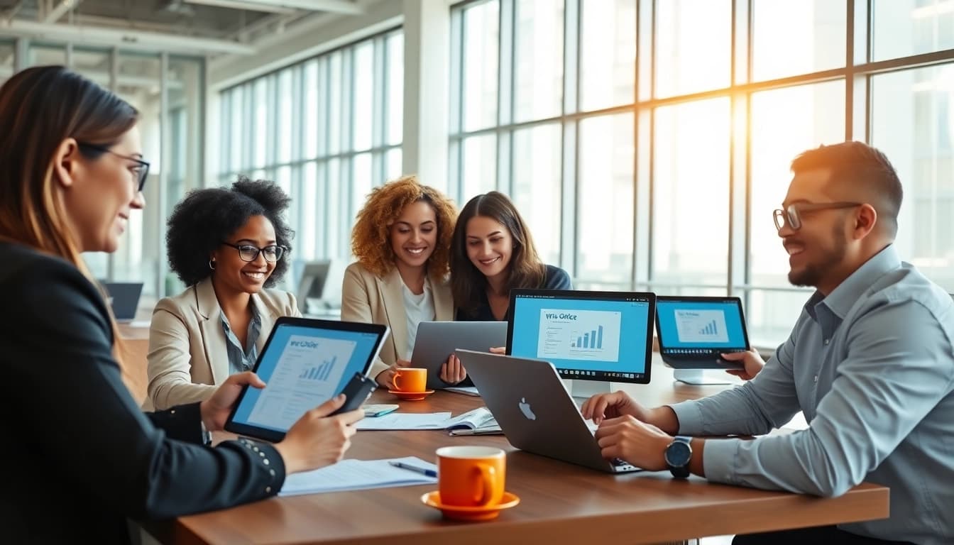 Dynamic collaboration in a modern office setting using WPS下载 for productivity.