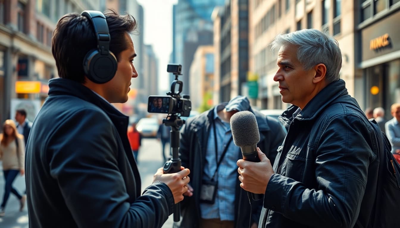 Journalist reporting on the latest news with a dynamic urban backdrop.