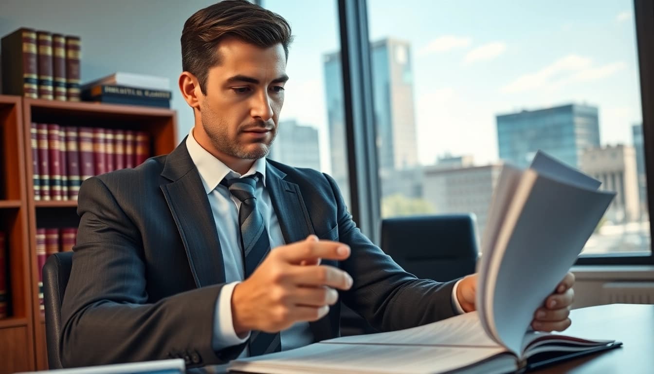 Houston Personal Injury Attorney diligently reviewing legal files in a professional office environment.