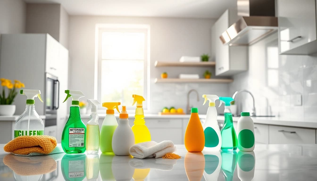 kitchen deep cleaning Dubai showcasing a spotless kitchen with shining surfaces and cleaning supplies.