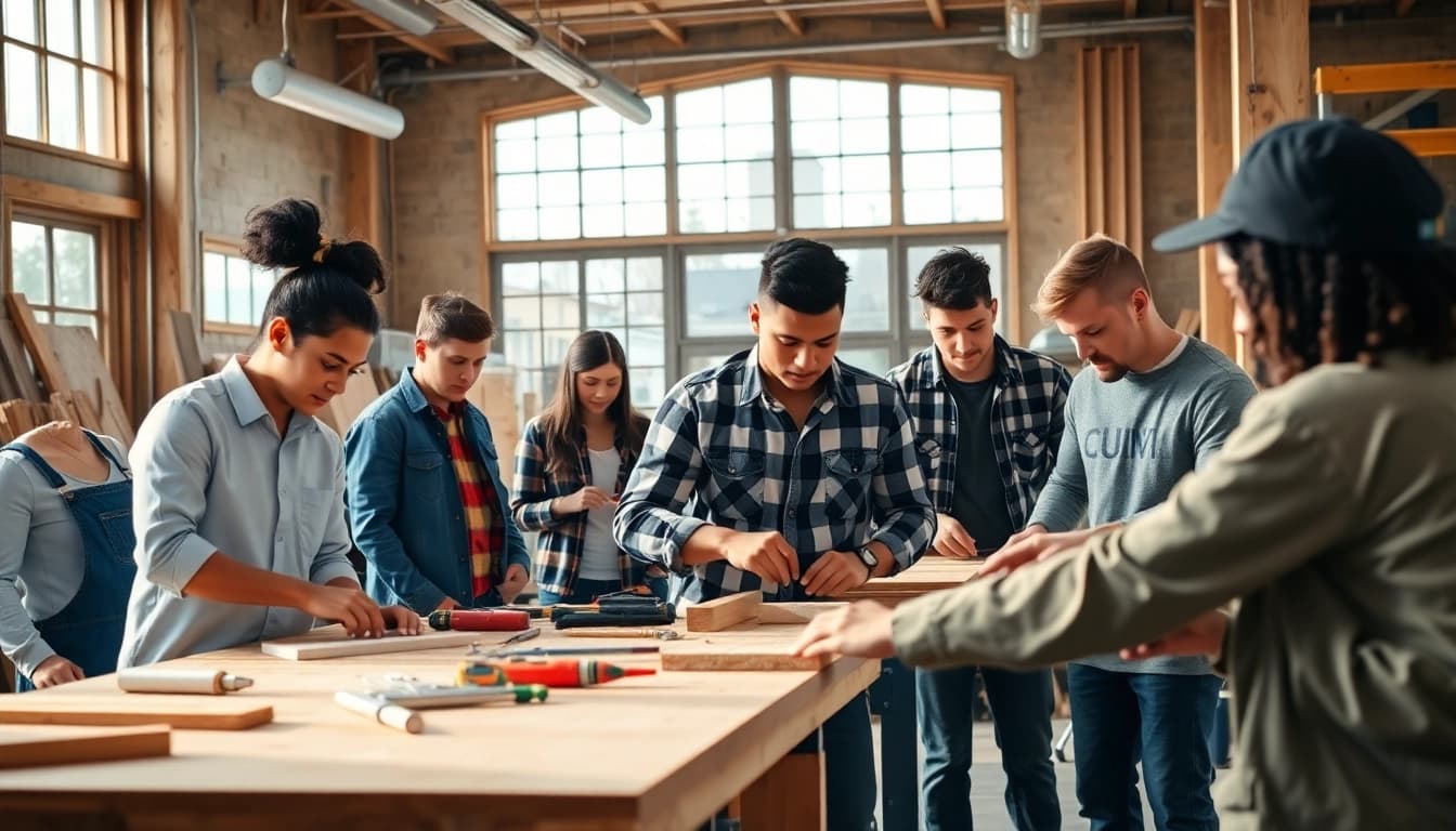 Students participating in construction classes, engaged in hands-on learning with tools.