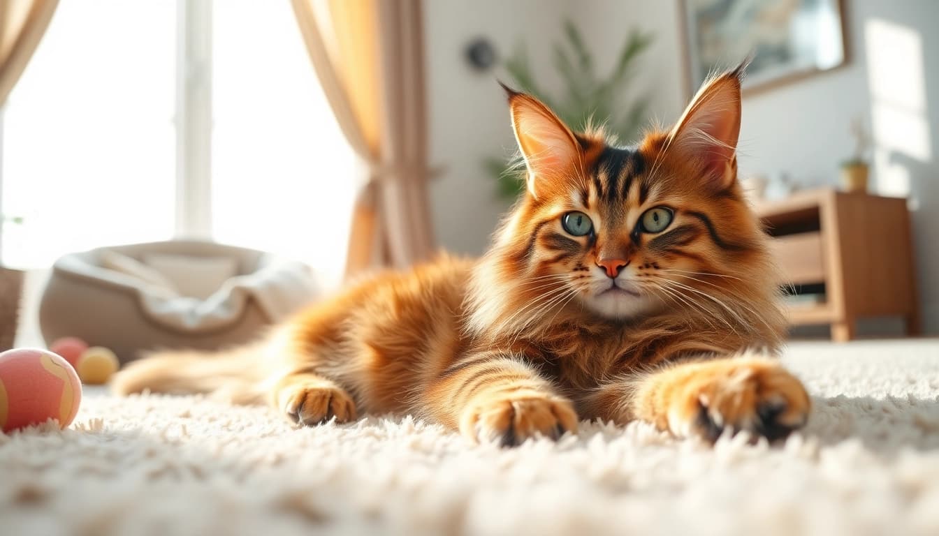 Maine Coon cats for sale Sacramento relaxing in a sunlit room with cozy decor.