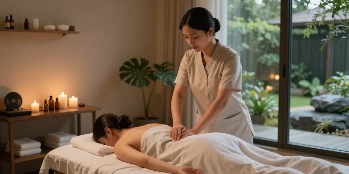 마사지 테라피 룸에서 스웨디시 마사지 중인 전문가와 고객의 편안한 모습