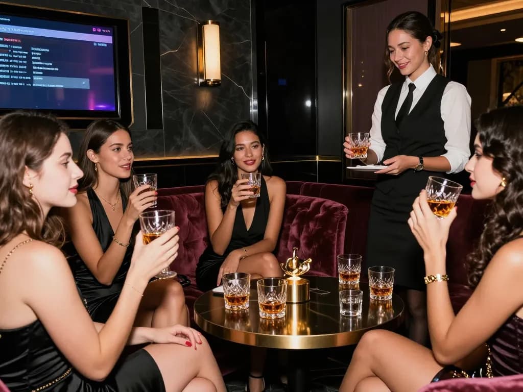 Group enjoying drinks in a luxurious 강남쩜오 nightlife venue with elegant decor.