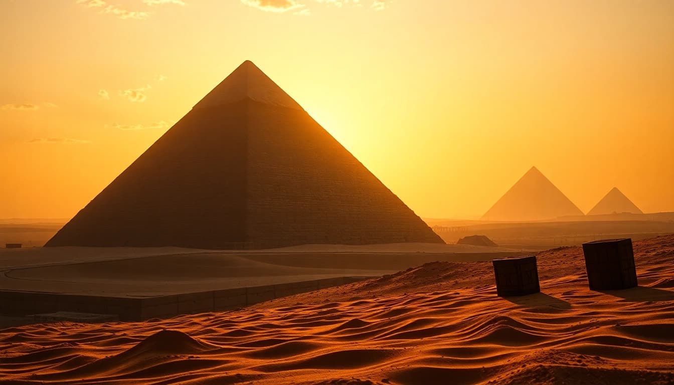 View of piraminds against a sunset backdrop highlighting ancient engineering.
