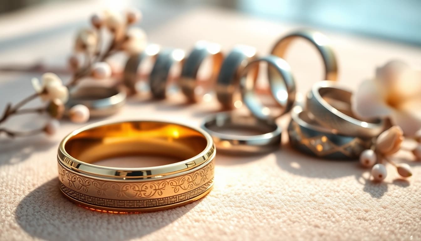 Showcasing exquisite mens wedding rings in various styles and metals.