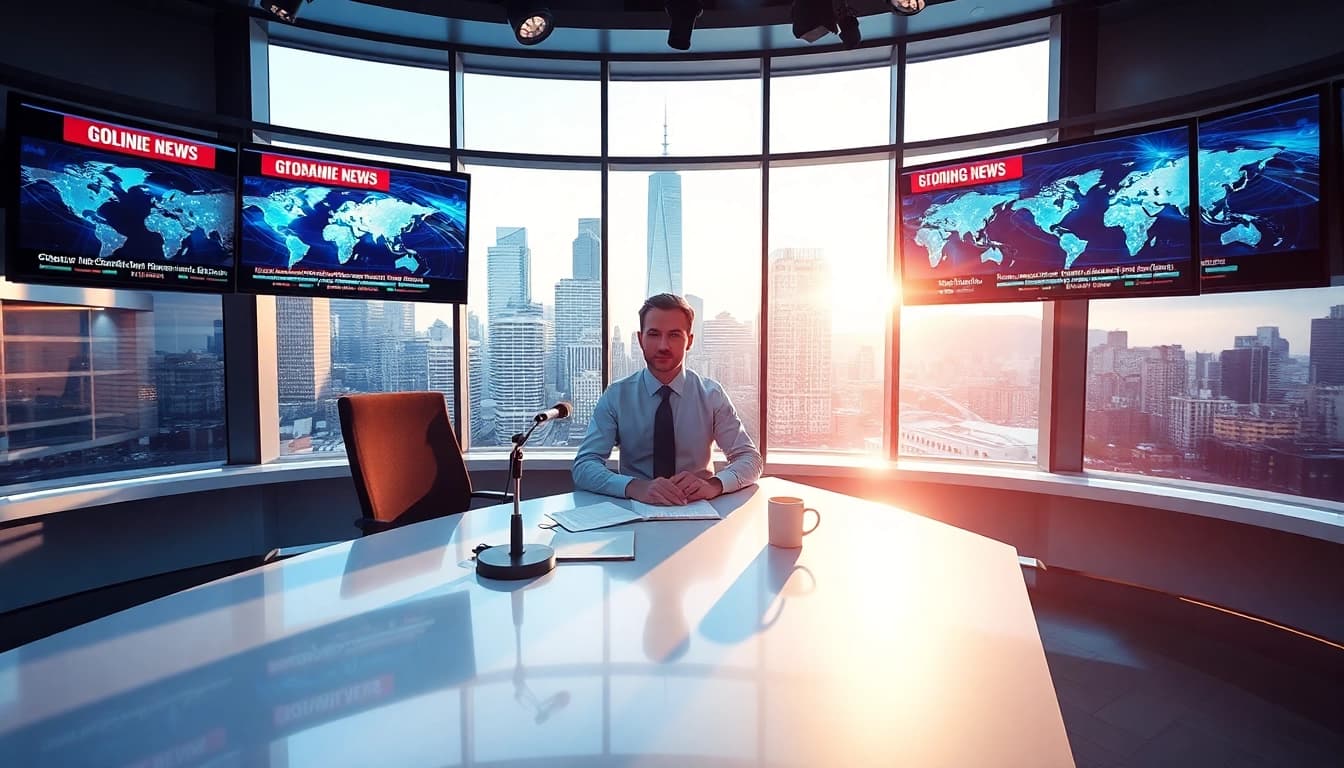 Engaging news reporter analyzing global news headlines in a modern office.