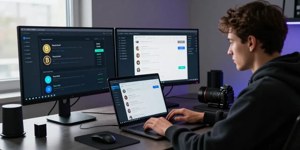 User accessing BlackOps Market Link with a laptop in a tech-savvy workspace showcasing cybersecurity tools.