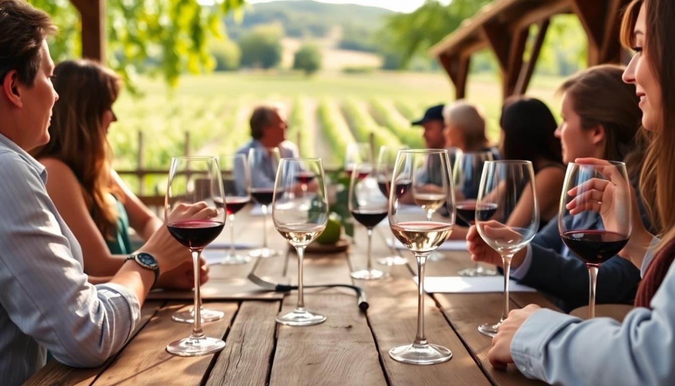 Experience Clarksburg wine tasting with a vibrant vineyard backdrop and engaging atmosphere.