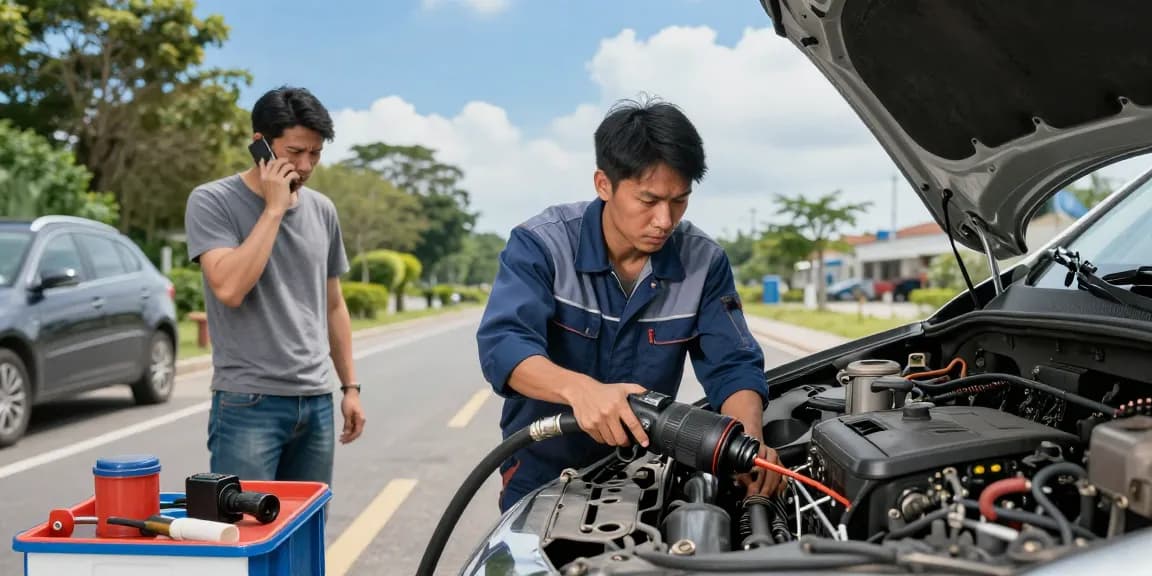 Technician addressing wrong fuel in car, safely draining contaminated fuel on the roadside.