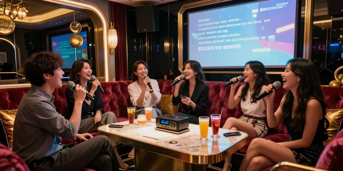 강남 가라오케에서 파티를 즐기는 친구들, 고급 인테리어와 음향 장비로 화려함을 더한 모습