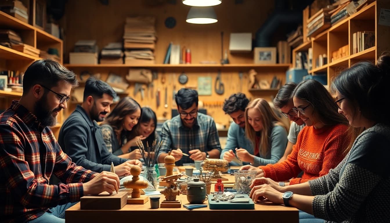 Niche hobbies are showcased through diverse activities in a cozy workshop, highlighting creativity.