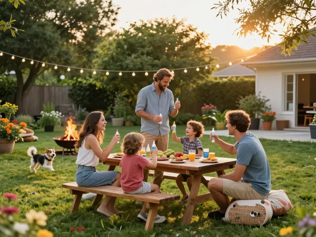 Family applying Best Mosquito Repellent during summer barbecue in a vibrant backyard.