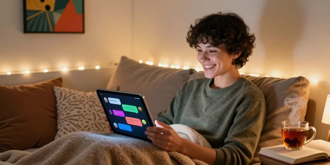 Engaging with an NSFW chat bot on a tablet in a cozy setting, showcasing a warm and inviting atmosphere.