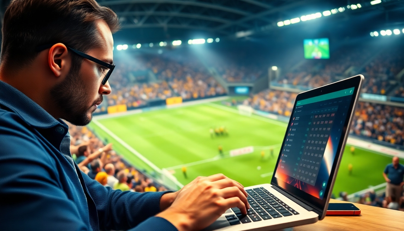 Engaged individual analyzing betting odds on a laptop at a thrilling sports event for 79king.