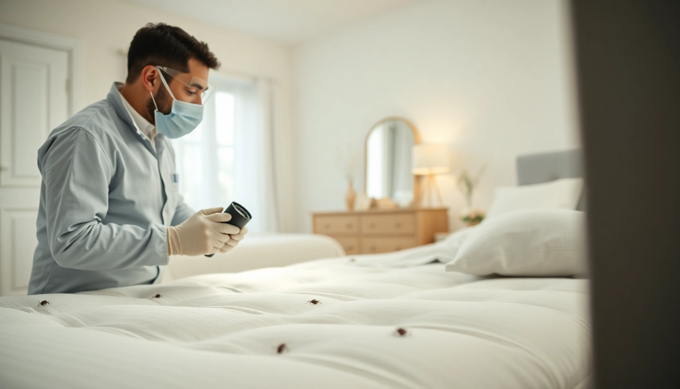 Experienced bed bug exterminator inspecting a mattress for pests in a clean bedroom environment.