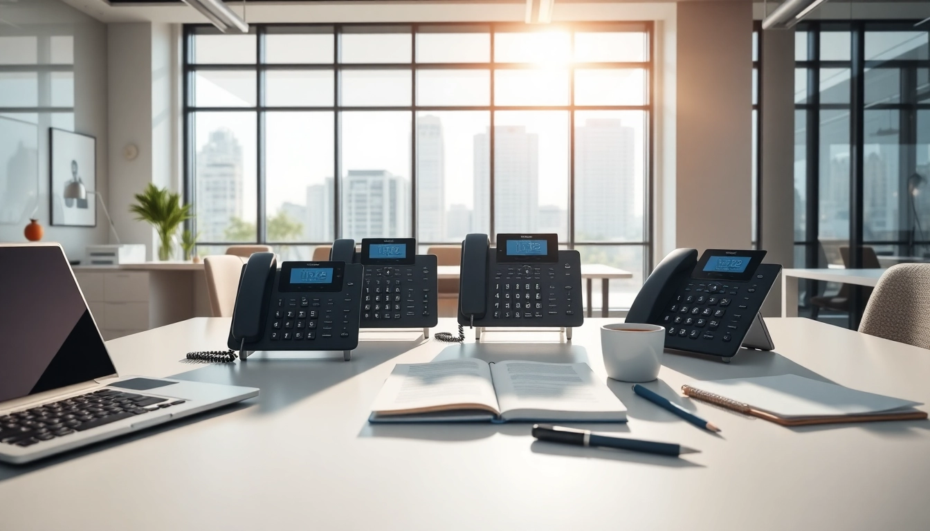 Showcasing a sophisticated business phone setup in a modern office space.