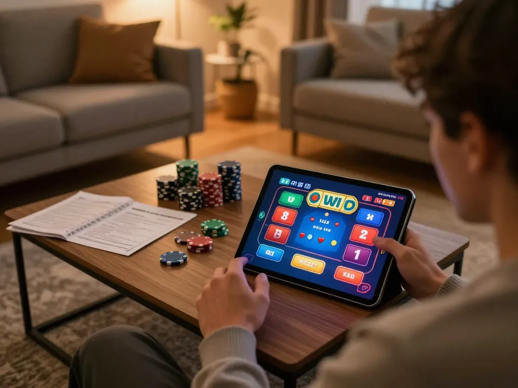 Player enjoying poker on tablet showcasing DH88 casino app in cozy home environment