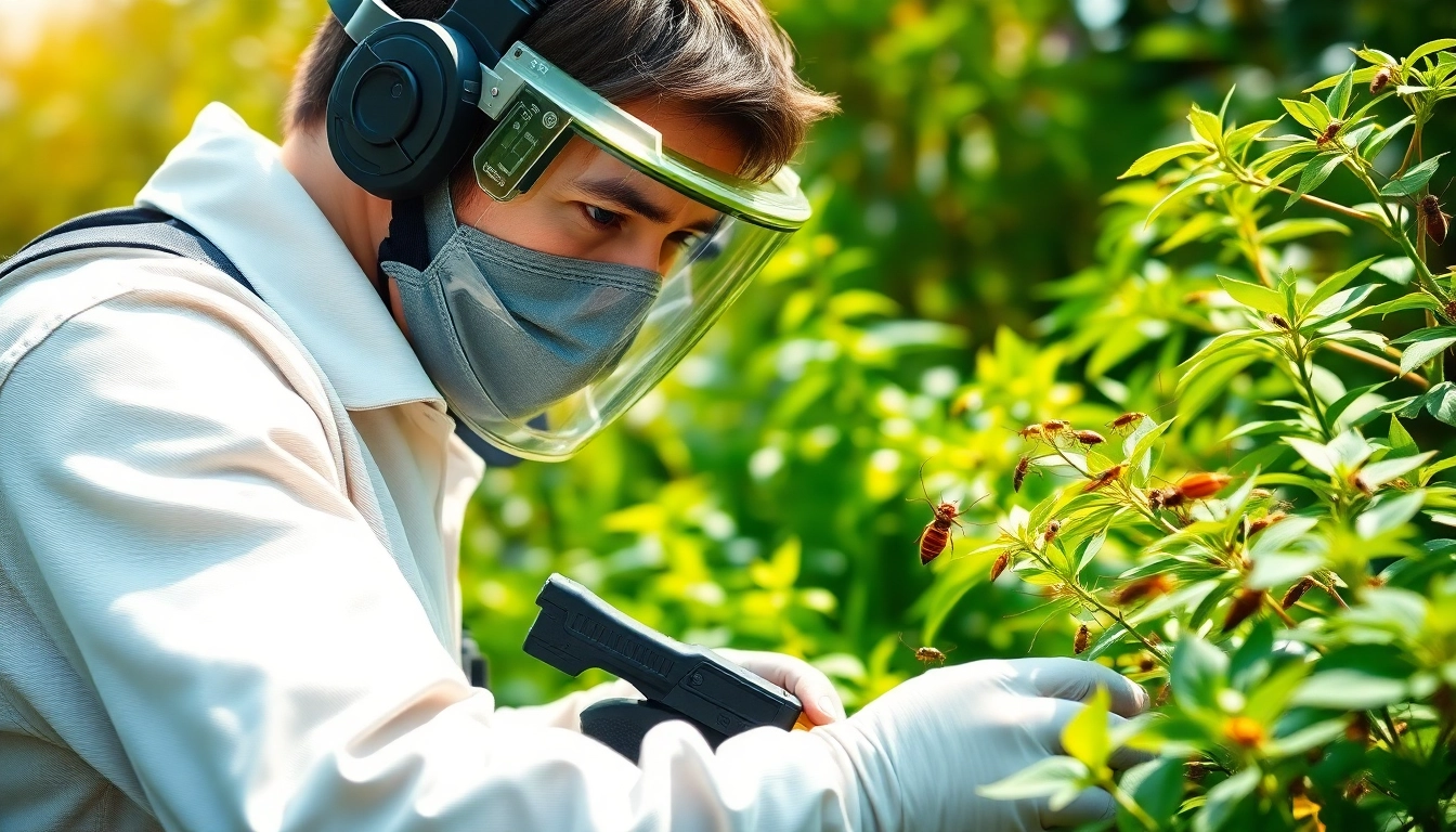 Trustworthy technician demonstrating trusted insect control service in a lush garden.