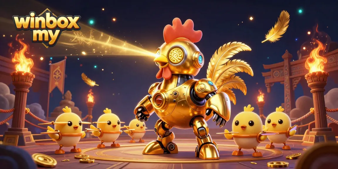 Engage in thrilling wins at winbox my with an exciting, dynamic casino illustration of laser-shooting rooster robots.