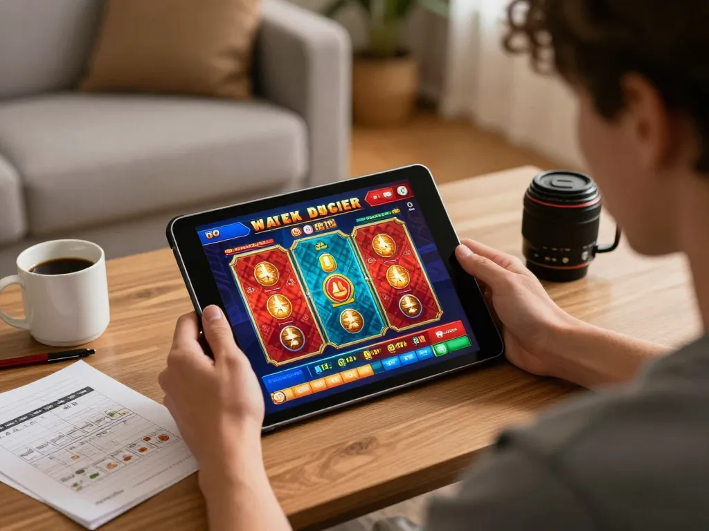 Engaging in online gaming at home with king33 interface visible on tablet, showcasing modern casual entertainment.