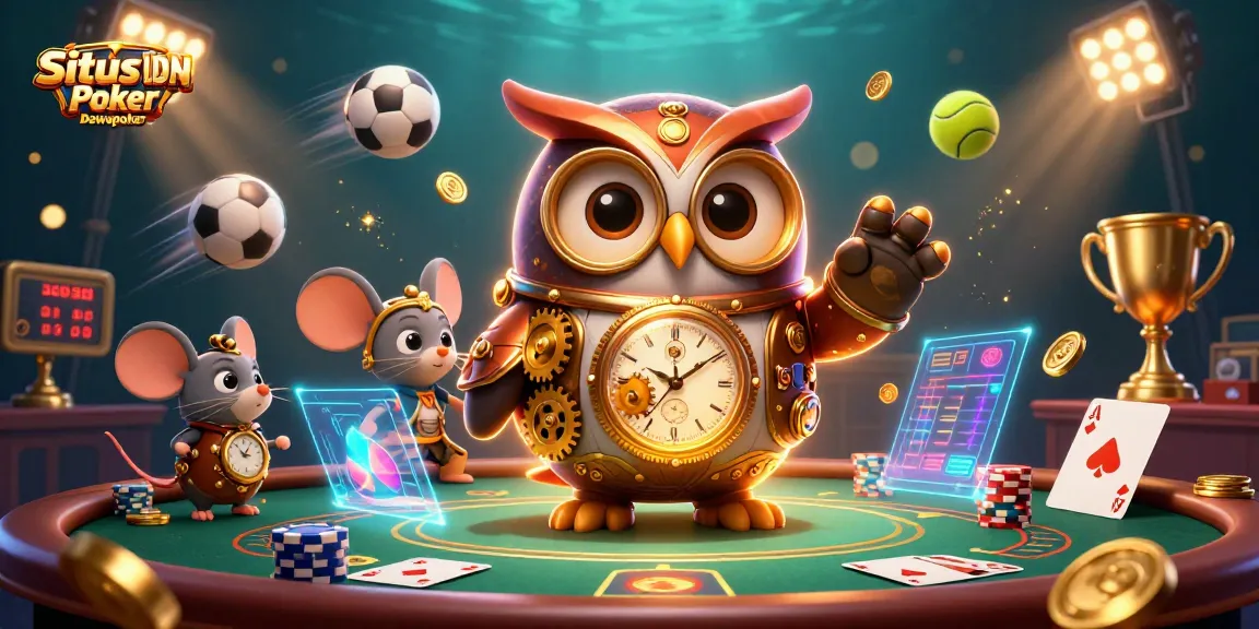 Situs IDN Poker Dewapoker showcases a lively 3D poker scene with owl characters and gold elements.