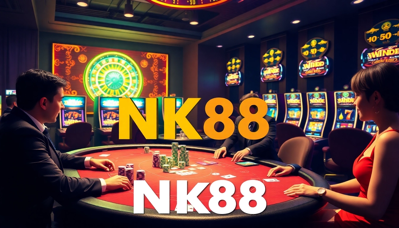 Engaged players strategizing at an NK88 poker table with colorful chips and cards.
