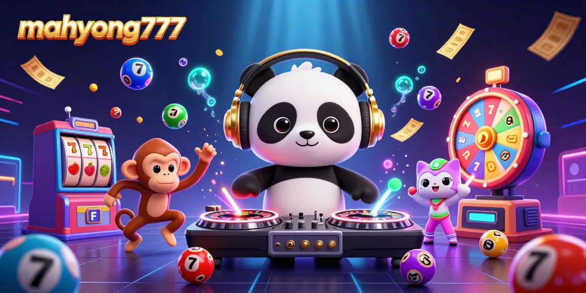 Join the action at mahyong777 with a vibrant scene of a DJ panda and friends celebrating big wins surrounded by slot reels.