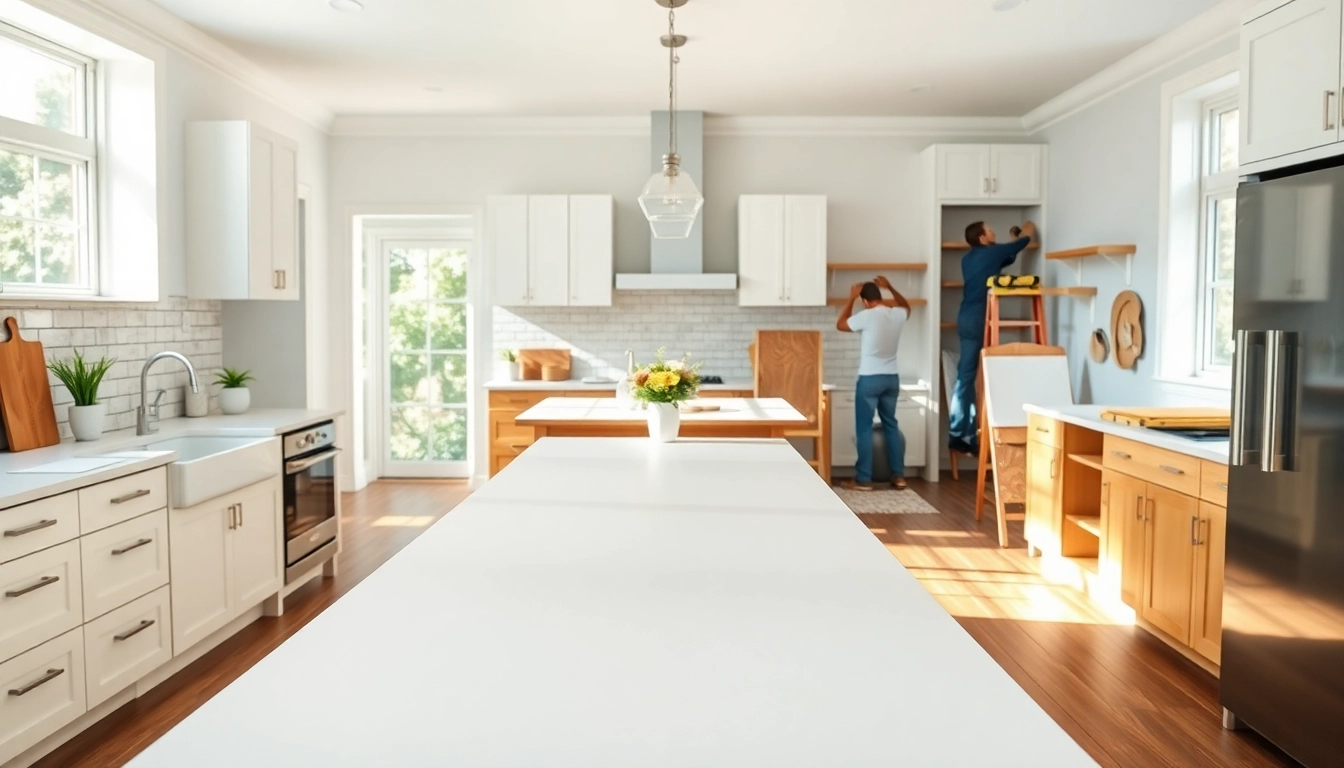 Designers collaborating on a Home renovation project in a modern kitchen space.